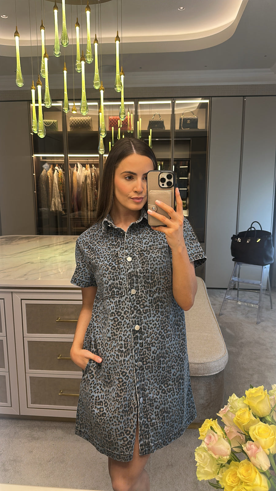 Leopard print denim dress