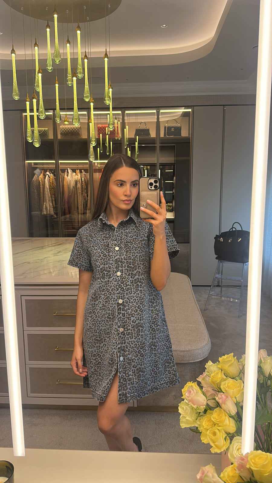 Leopard print denim dress